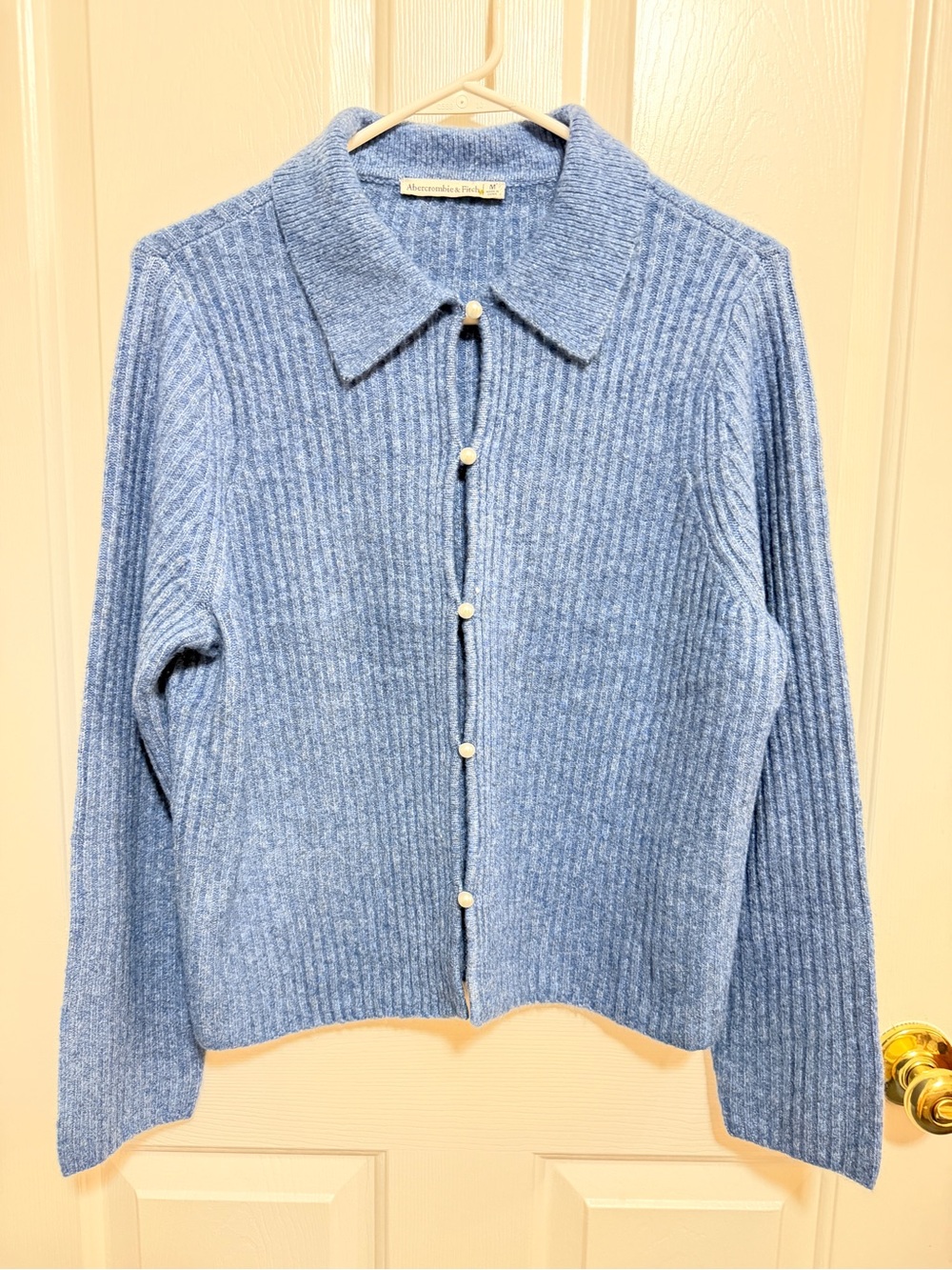 Blue Ribbed Button-Front Collared Sweater